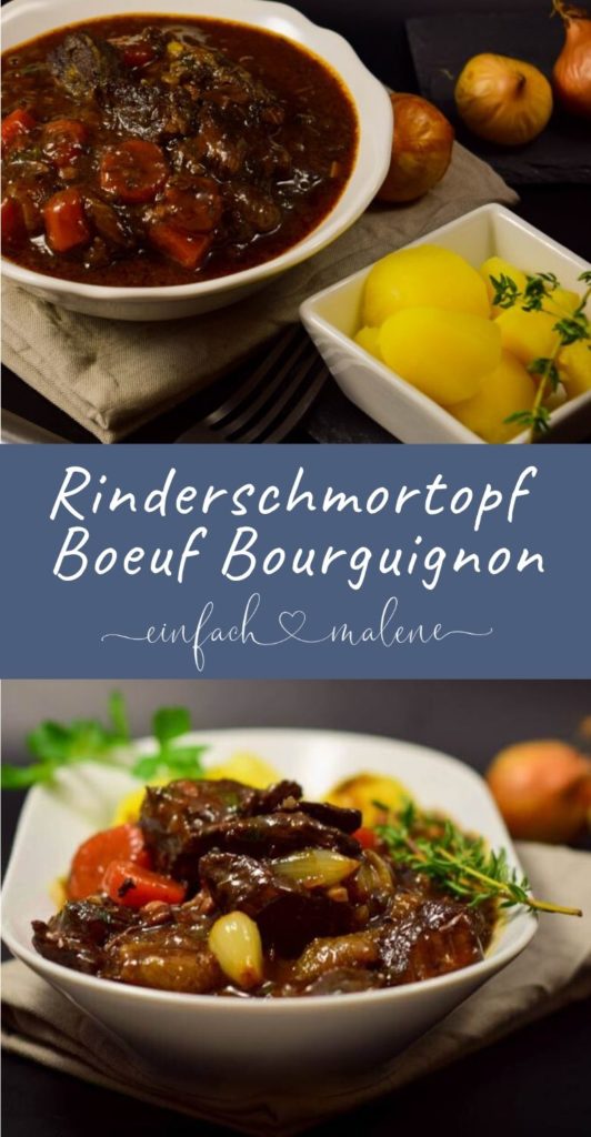 Rinderschmortopf im Boeuf Bourguignon Style ohne Pilze, dafür in Wein gedünsteten Perlzwiebeln. Das Rindfleisch wird im Rotwein gekocht und ist butterzart.