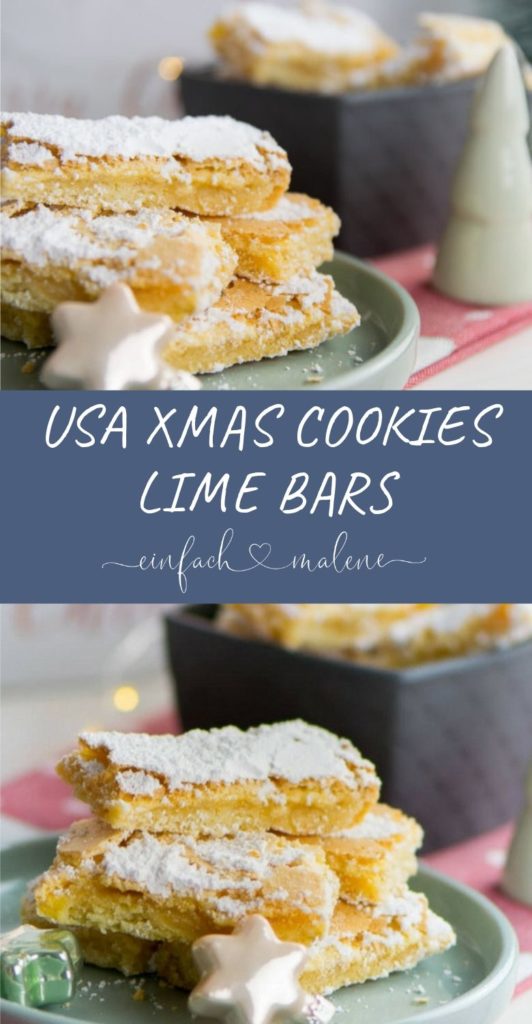 Warum nicht zu Weihnachten diese typisch amerikanischen Lime Bars backen? Einfacher Mürbeteig mit frischer Limettencreme passen in deine Weihnachtsbäckerei.