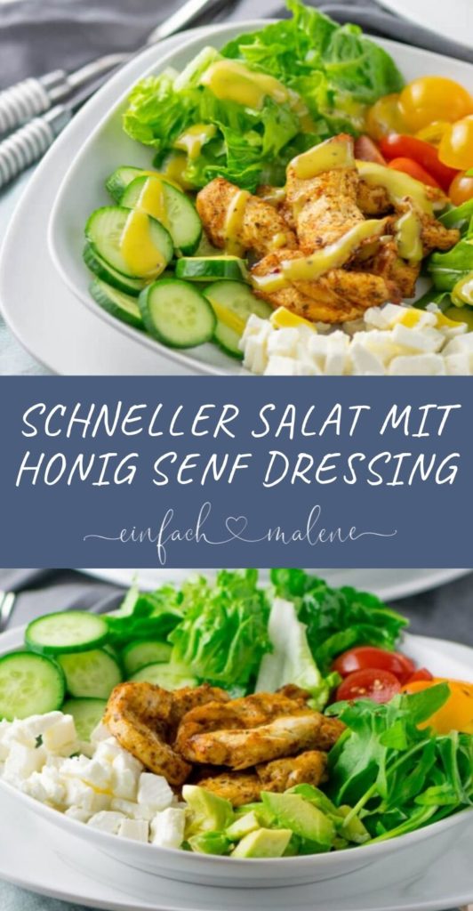 Richtig leckerer Salat mit Grilled Chicken & Honig Senf Dressing. So schmeckt Salat besonders gut: mit superzarten Hähnchenbrust Streifen, die ruck zuck in der Heißluftfritteuse zubereitet werden können. Einfach lecker!!