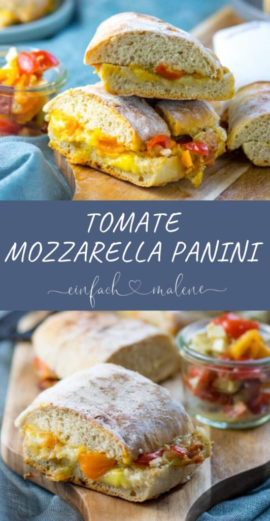 Tomate Mozzarella Panini von Kontaktgrill. Schmeckt lecker und passt immer, mit nur wenigen Zutaten leckere Panini zaubern. Gefüllt mit Tomate, geschmolzenem Mozzarella und Pesto. Super köstlich.