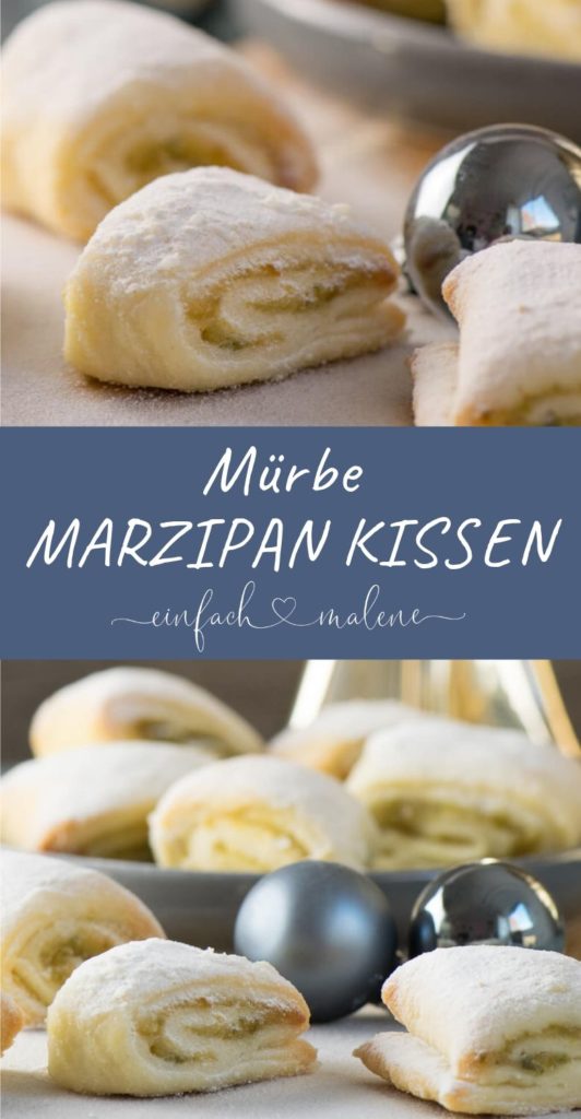 Weiche Pistazien Marzipan Kissen mit Quarkteig. Die Pistazien Marzipan Kissen sind super einfach zu backen und schmecken köstlich. Nach dem Backen werden sie noch mit Puderzucker bestäubt.