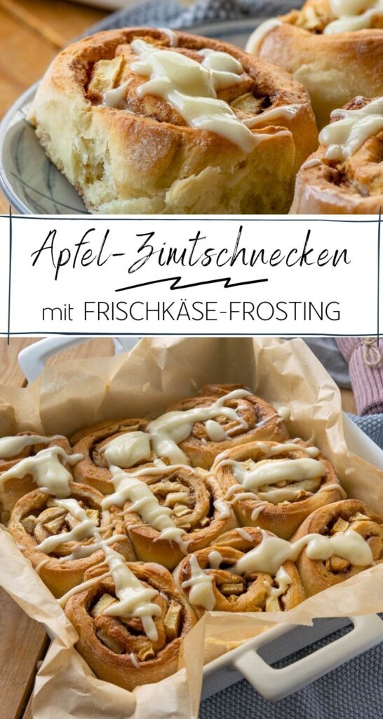 Leckere Apfel Zimtschnecken - fluffig, saftig und mit einer großen Portion Zimt - super lecker ganz besonders mit Frischkäse Frosting. #herbst #cinnamonrolls 