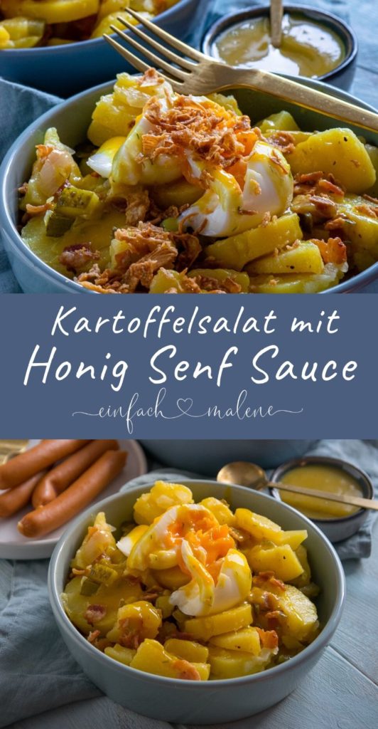 Genial und extrem lecker! Der Kartoffelsalat schmeckt so gut. Die beste Kombination sind Honig Senf Sauce, Speck, Eiern und Röstzwiebeln. #honigsenf #kartoffelsalat #röstzwiebeln #foodporn #beilage #partyrezept