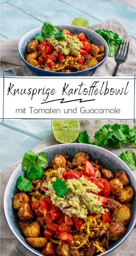 Super lecker und einfach - die Bowl ist perfekt für den Feierabend. Hackfleisch, knusprige Kartoffelecken, Guacamole & Tomaten mit Cheddar überbacken. #feierabendküche #einfacherezepte #bowls #herzhaft #pommes #ofengerichte #avocado #guacamole