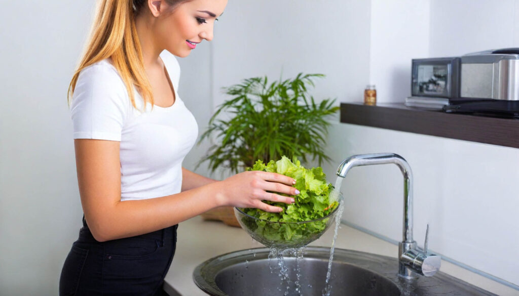 Frau wäscht Salat